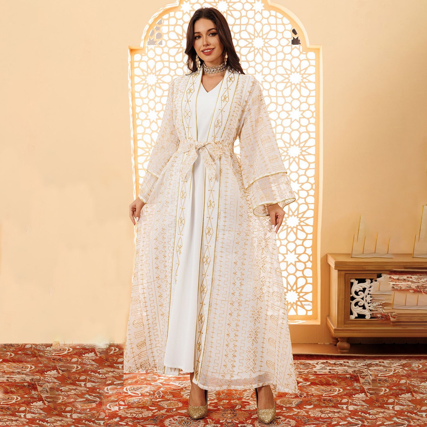 Long Robe Embroidered Mesh Abaya Dress