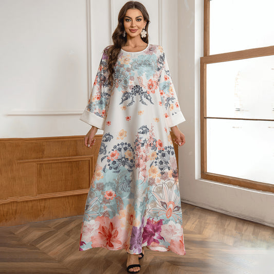 Fashionable Luxe Beaded Floral Print Arabic Dress