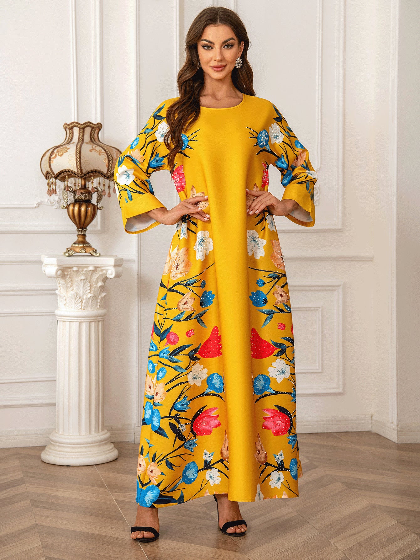 Fashionable Floral Rhinestone Jalabiya Dress