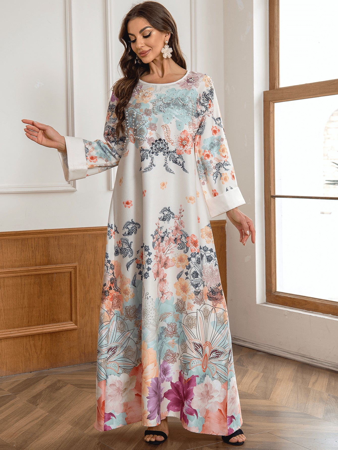 Fashionable Luxe Beaded Floral Print Arabic Dress