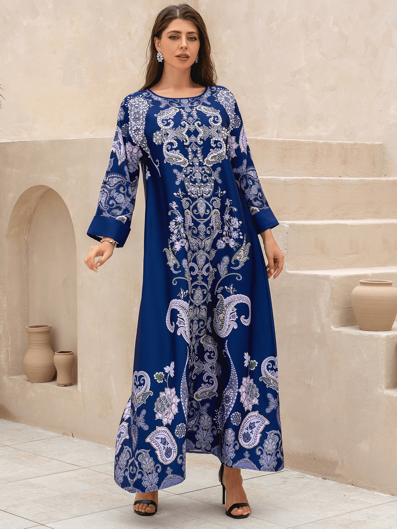 Abaya Floral Rhinestone Beaded Party Dress