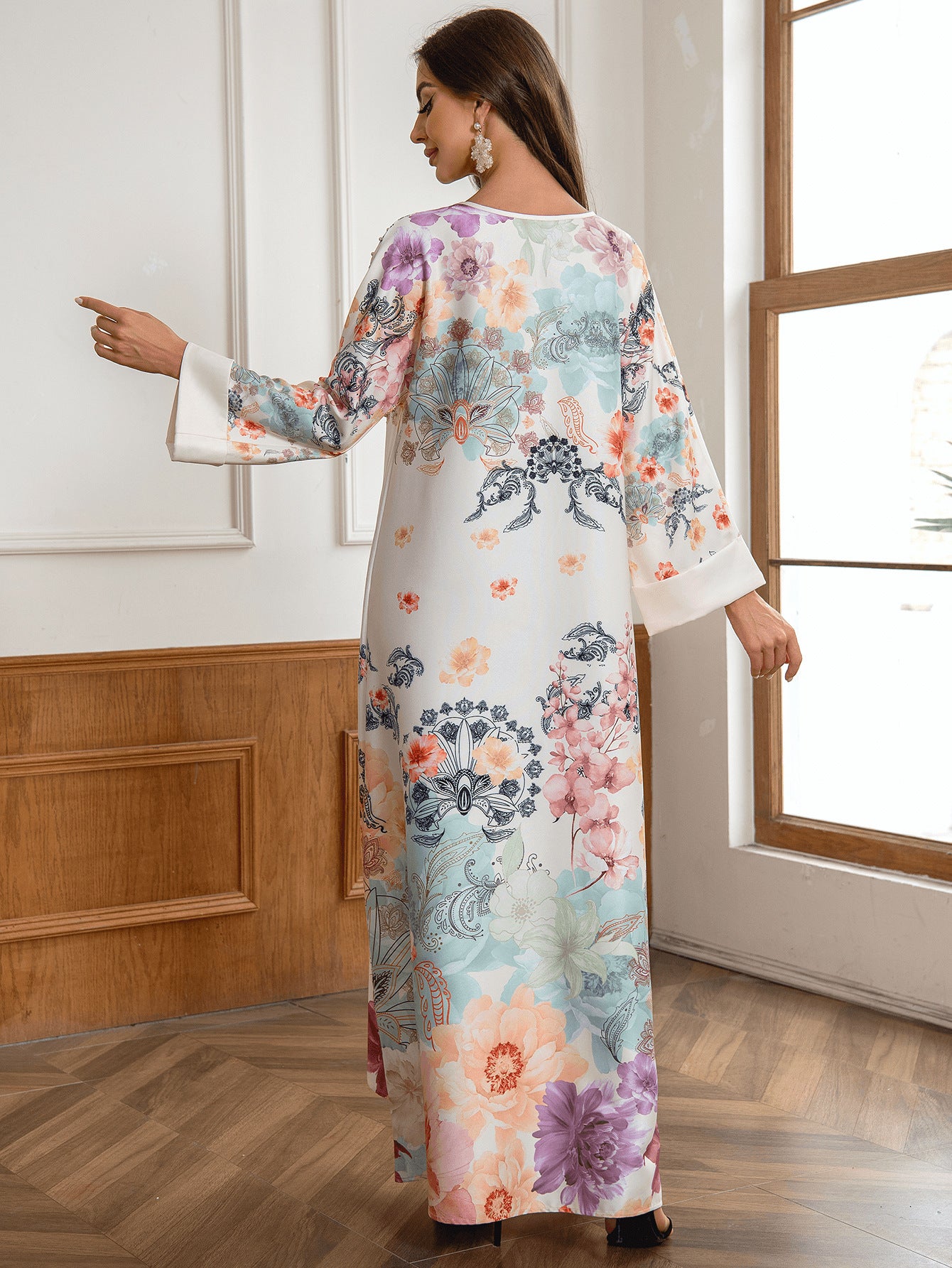 Fashionable Luxe Beaded Floral Print Arabic Dress