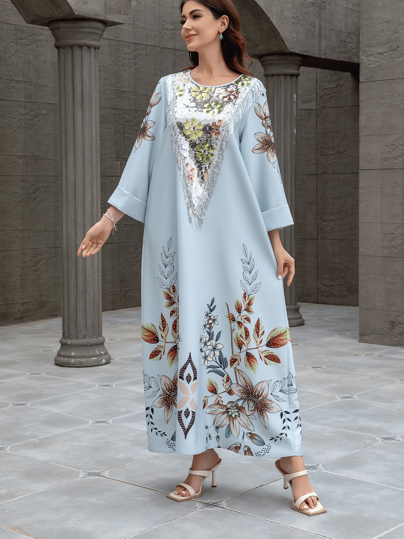 Abaya Rhinestone Floral Print Dress