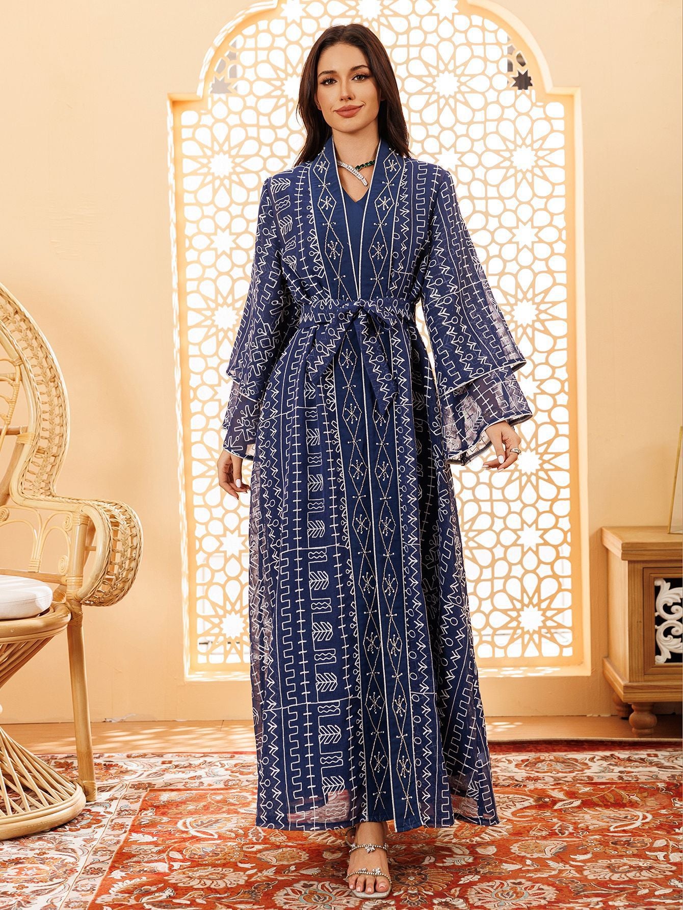 Long Robe Embroidered Mesh Abaya Dress