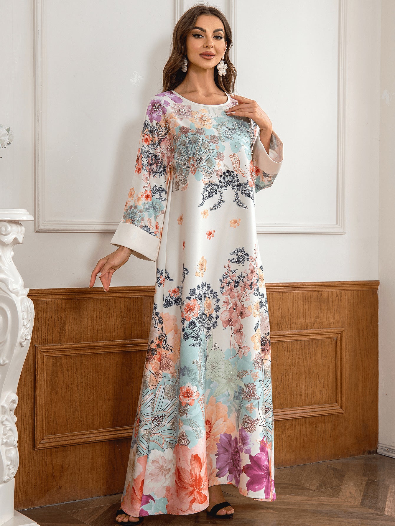 Fashionable Luxe Beaded Floral Print Arabic Dress