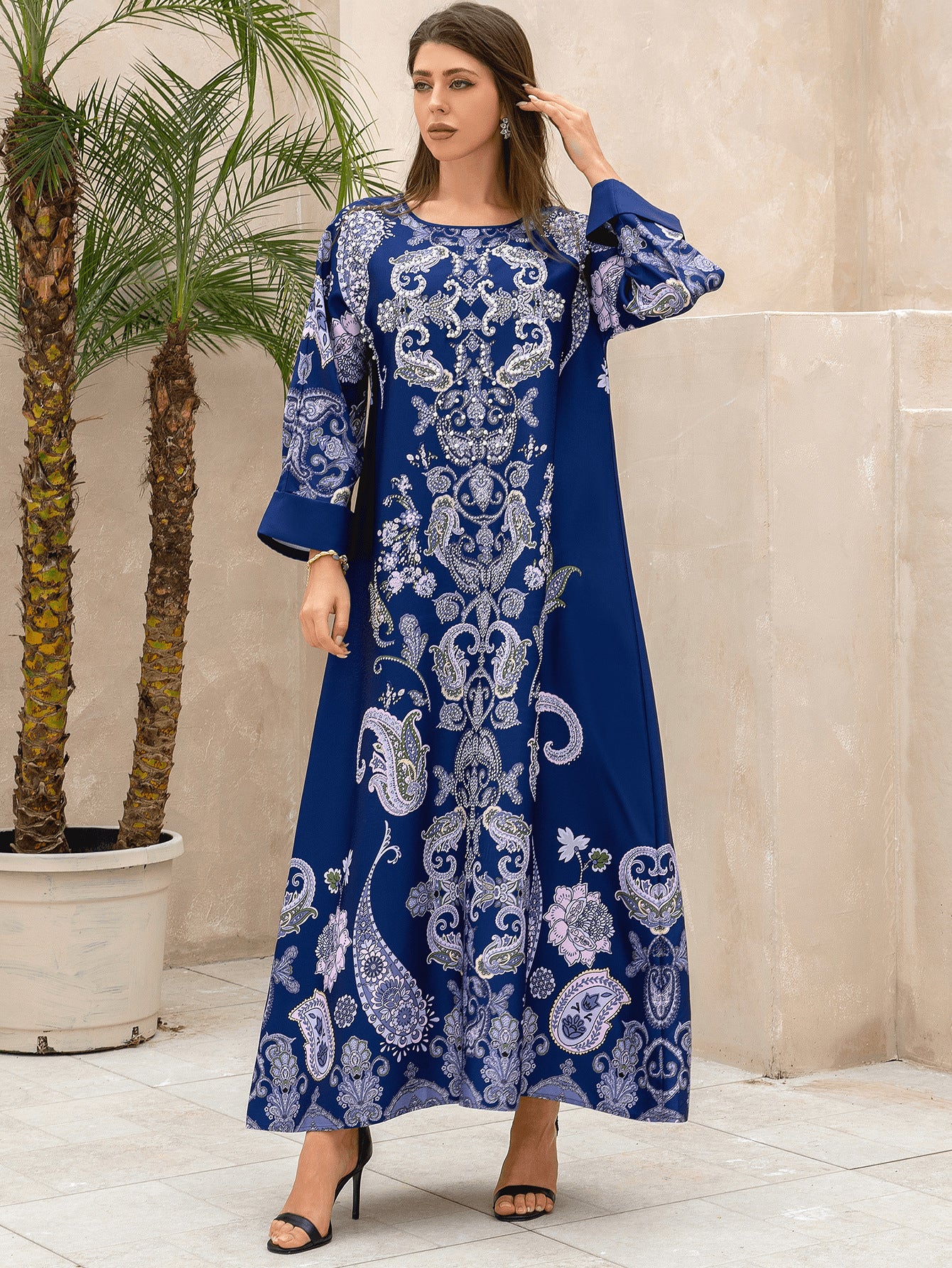 Abaya Floral Rhinestone Beaded Party Dress