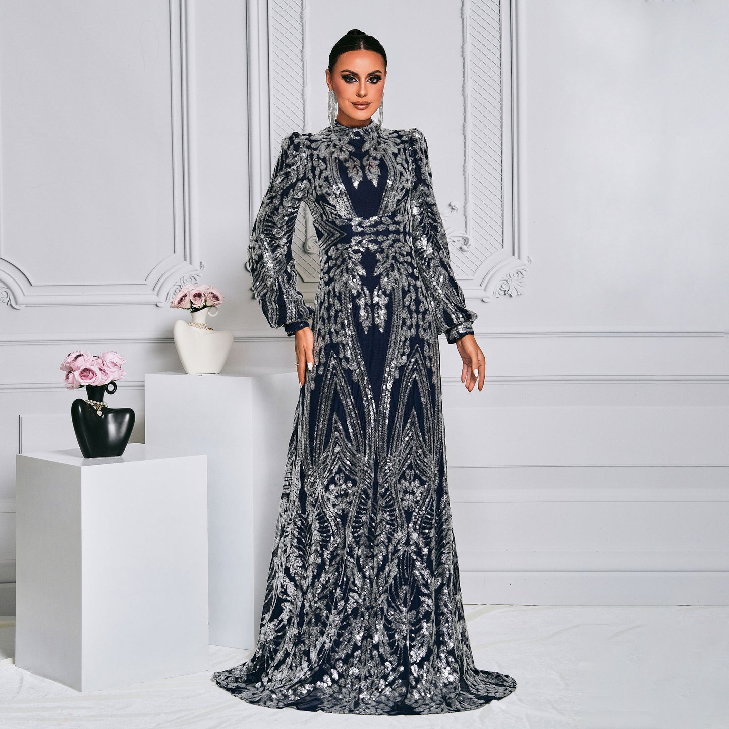 Sequin Long Sleeve Round Neck Evening Dress