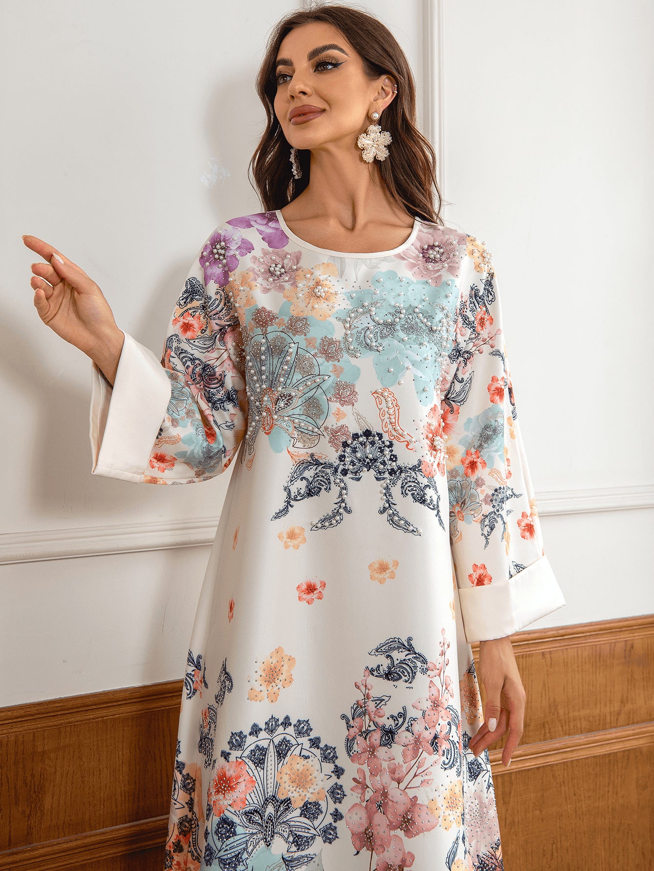 Fashionable Luxe Beaded Floral Print Arabic Dress