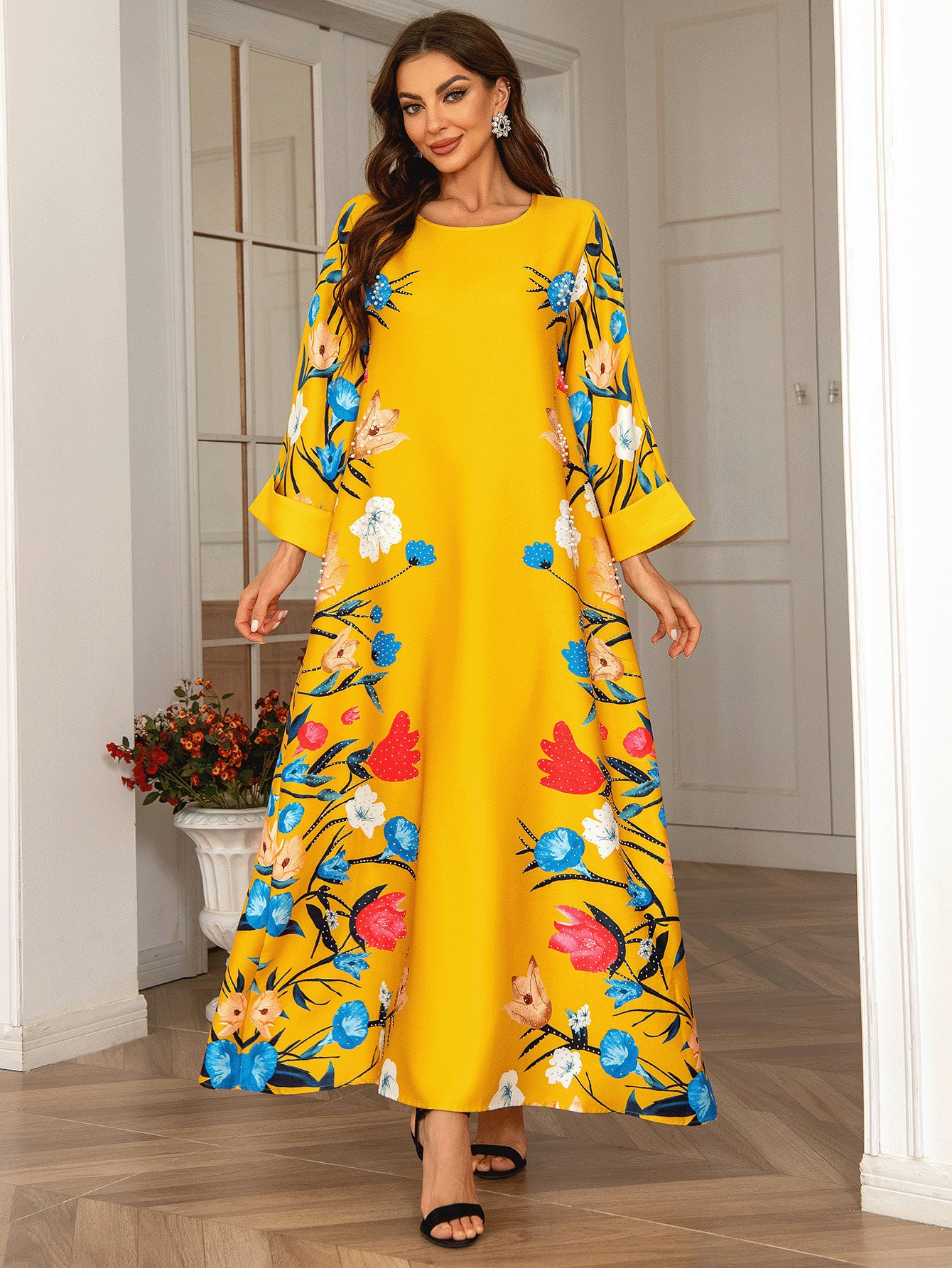 Fashionable Floral Rhinestone Jalabiya Dress