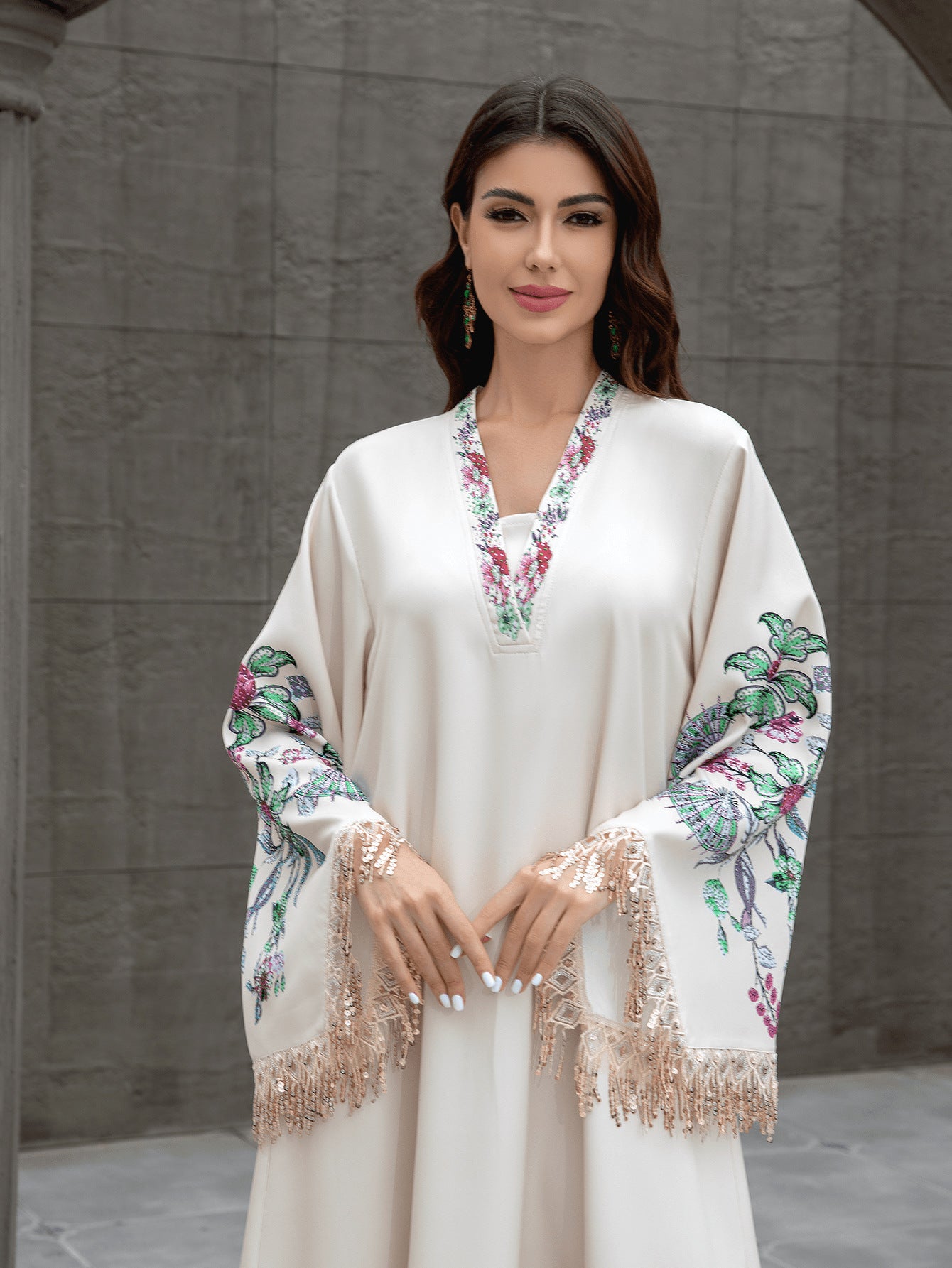 V-Neck Embroidered Tassel Arabic Abaya Dress