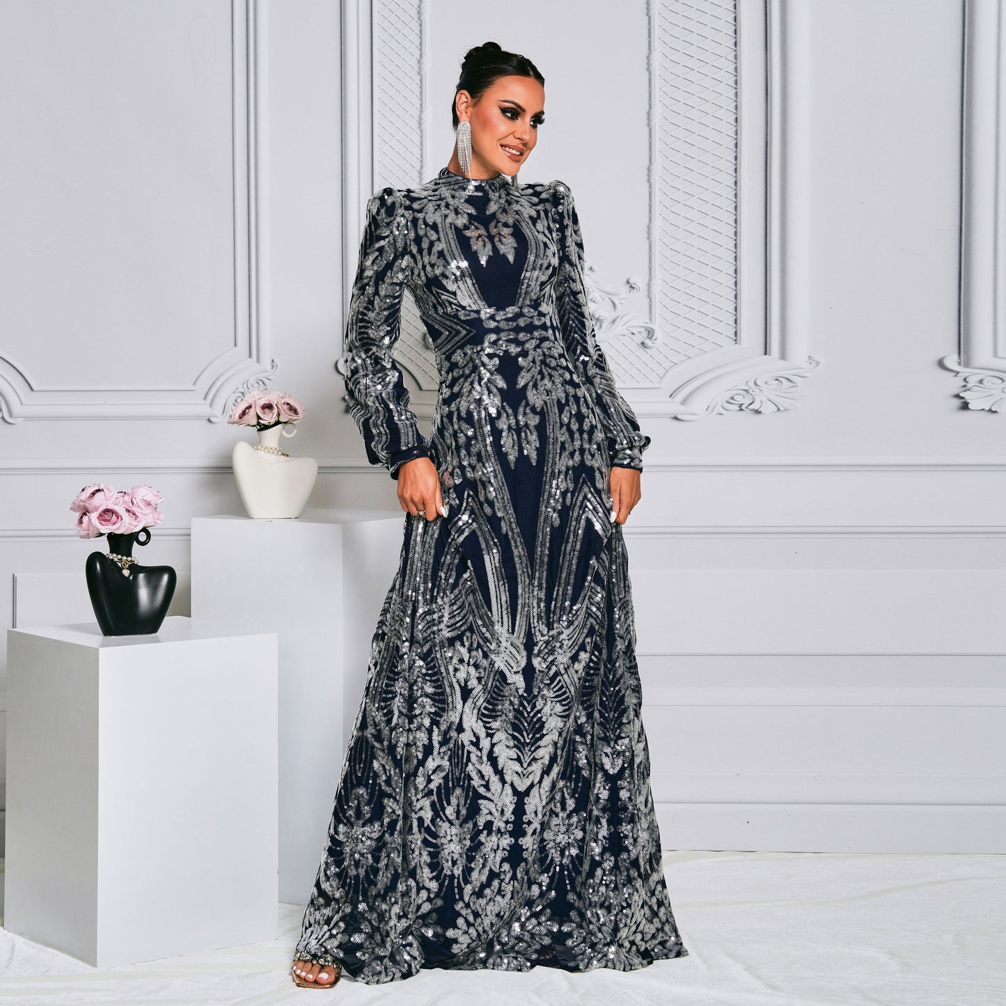 Sequin Long Sleeve Round Neck Evening Dress