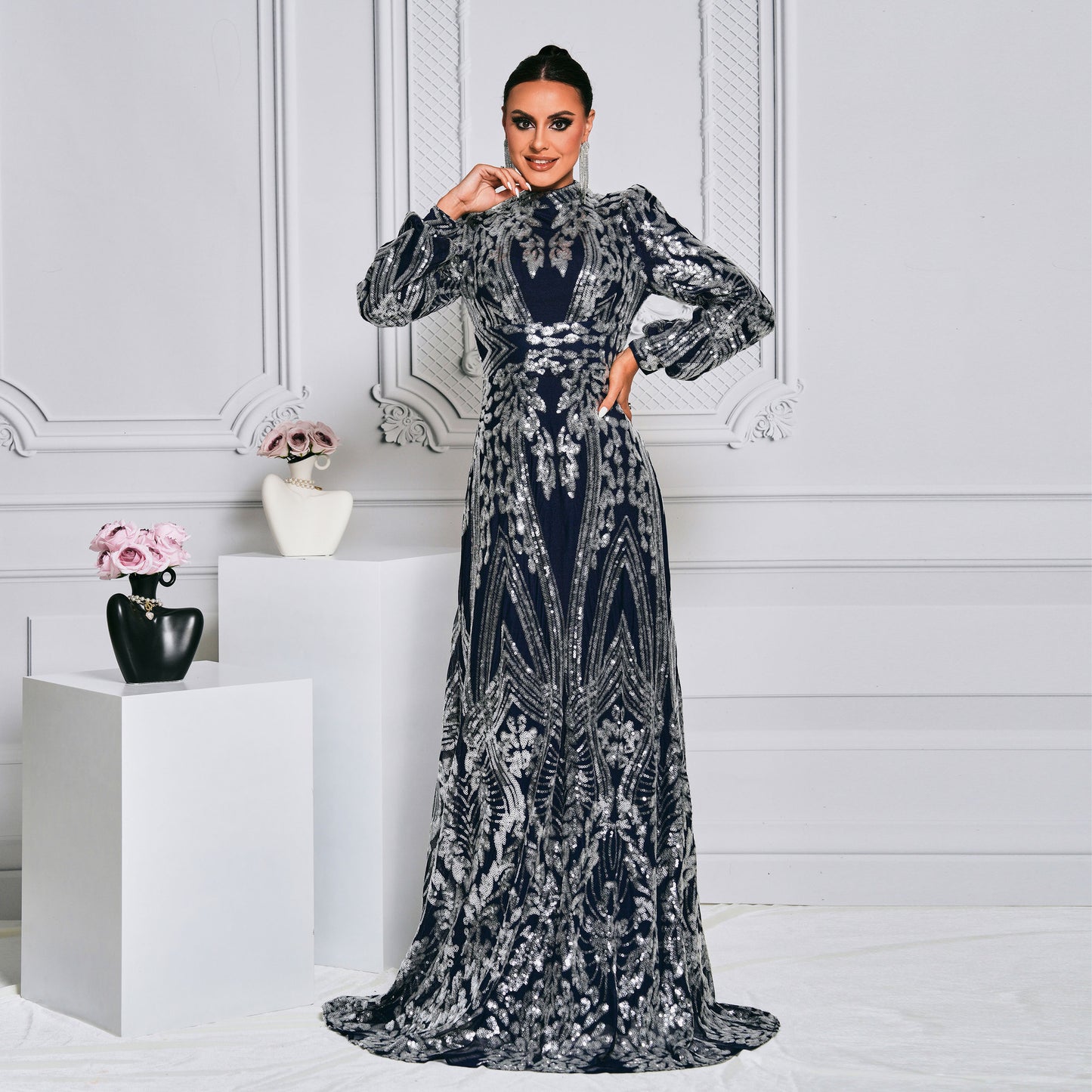 Sequin Long Sleeve Round Neck Evening Dress