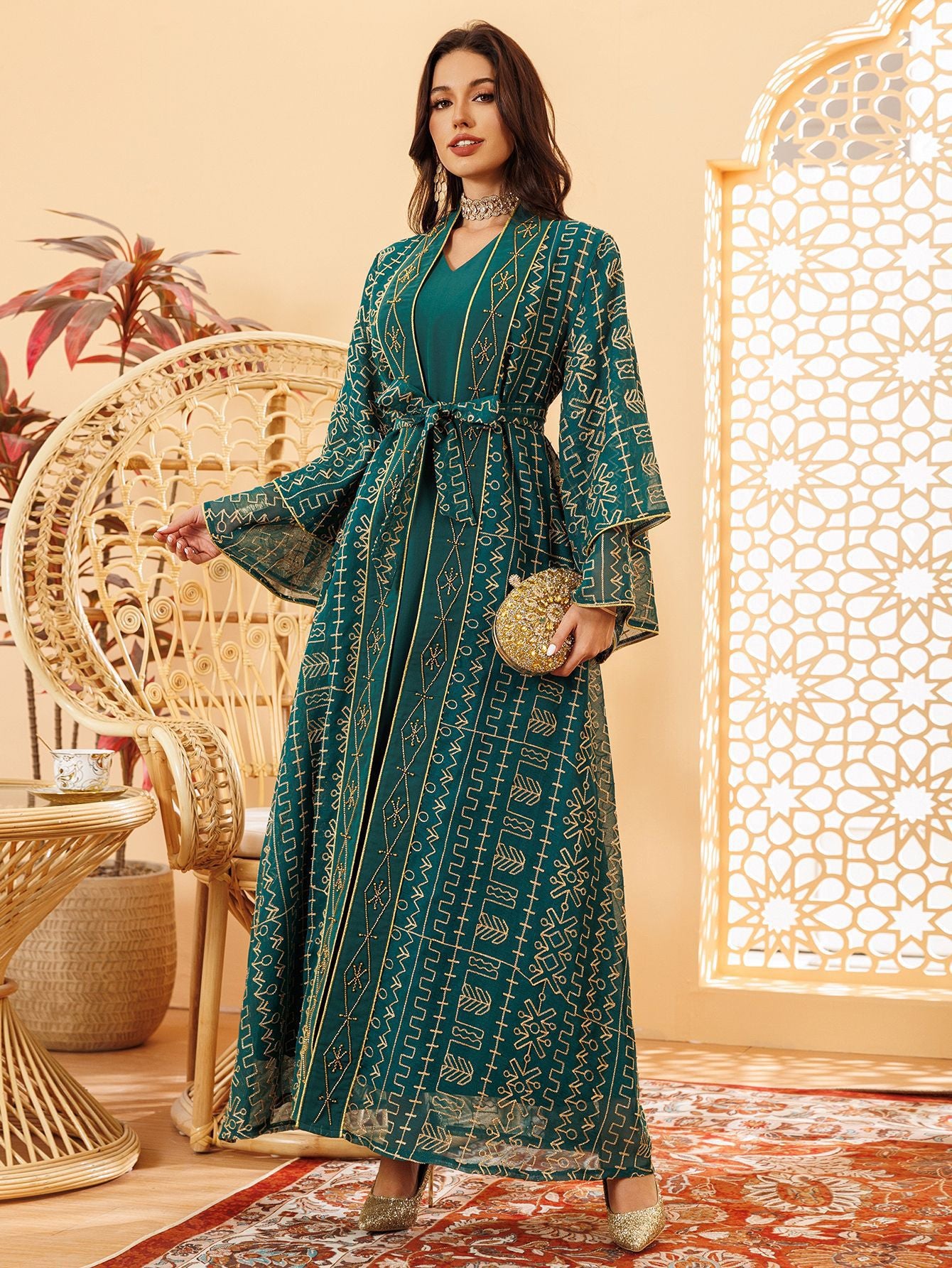 Long Robe Embroidered Mesh Abaya Dress