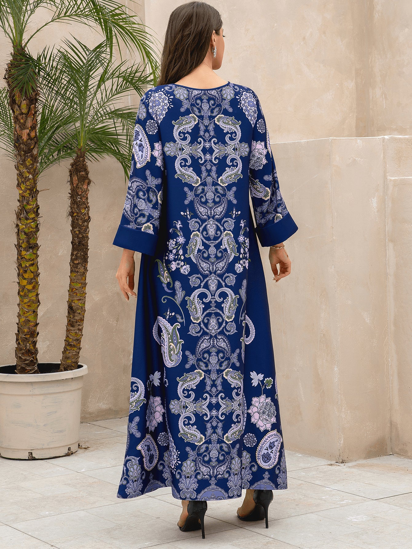 Abaya Floral Rhinestone Beaded Party Dress