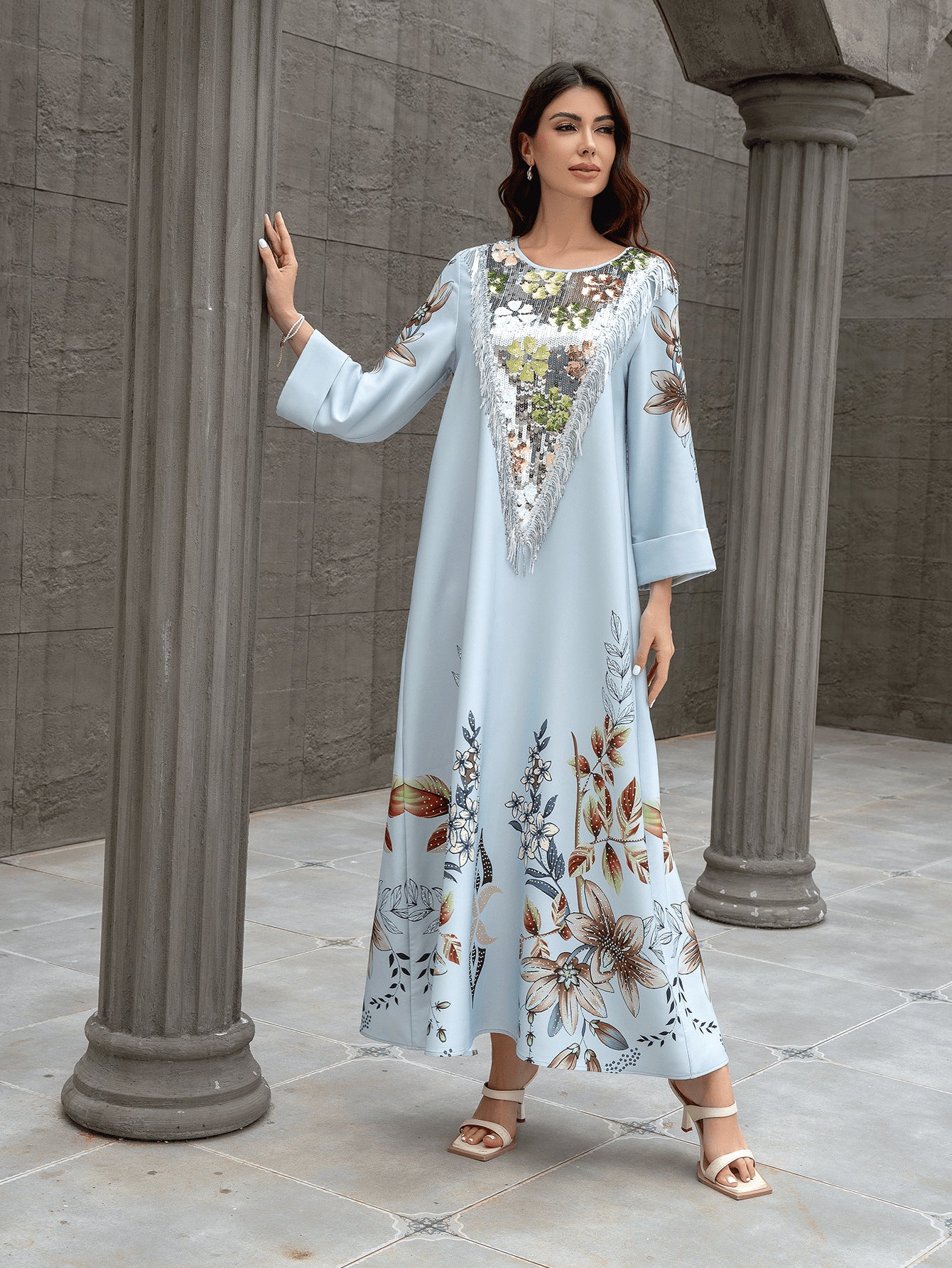 Abaya Rhinestone Floral Print Dress