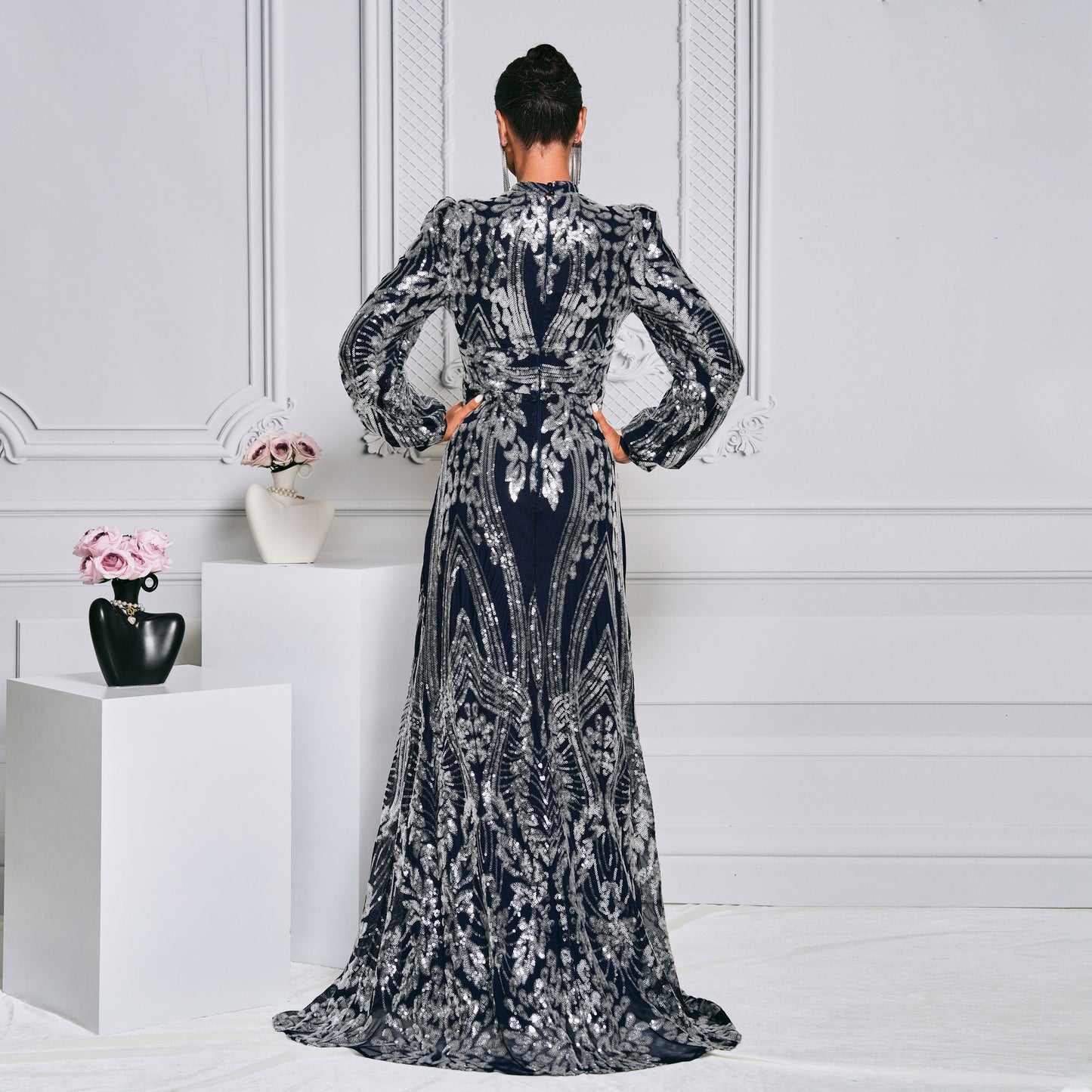 Sequin Long Sleeve Round Neck Evening Dress