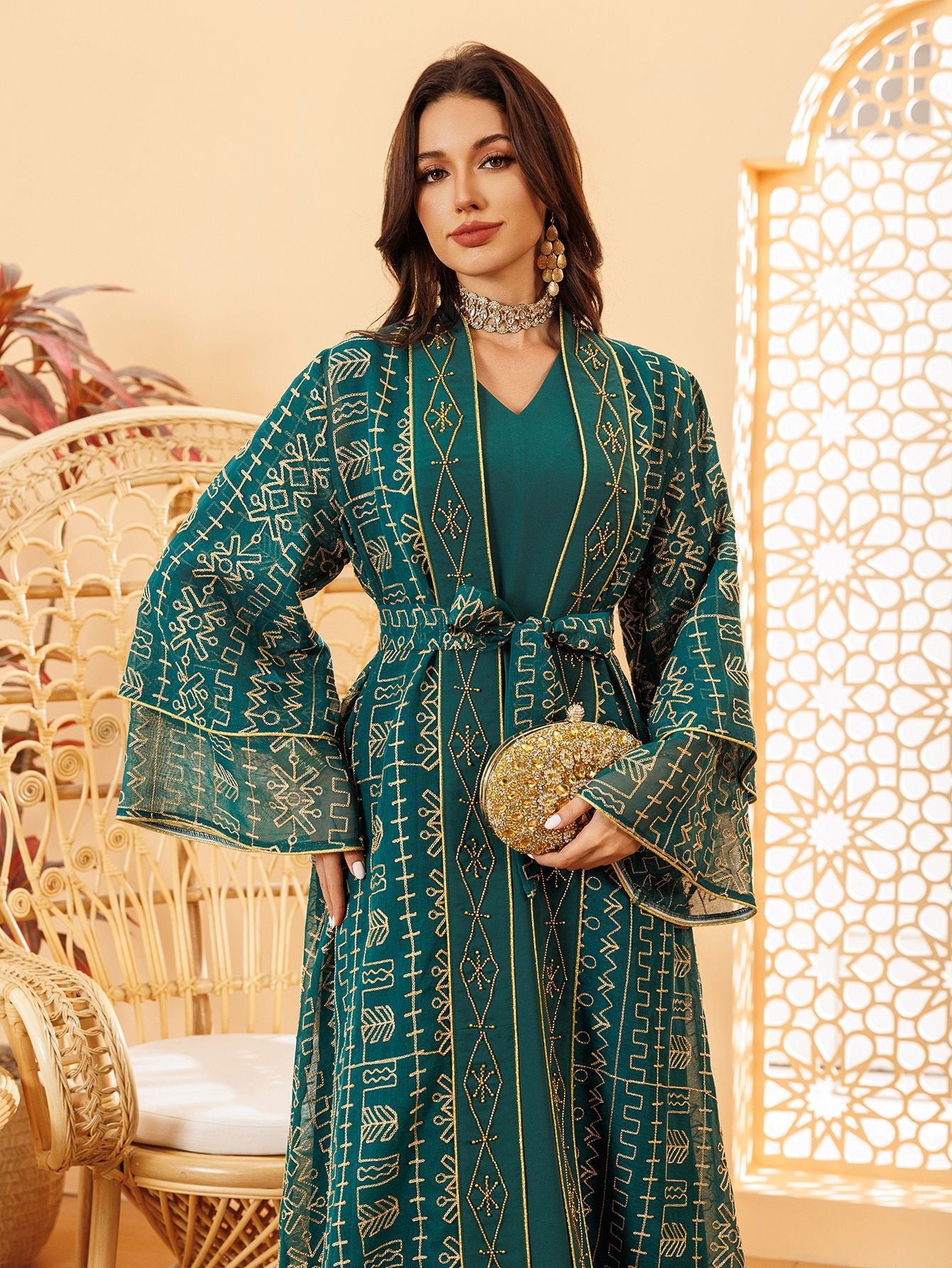 Long Robe Embroidered Mesh Abaya Dress