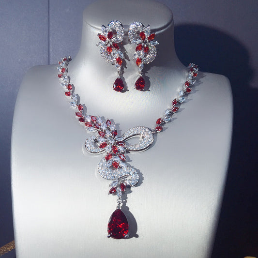 Red Gemstone Necklace Earrings Set