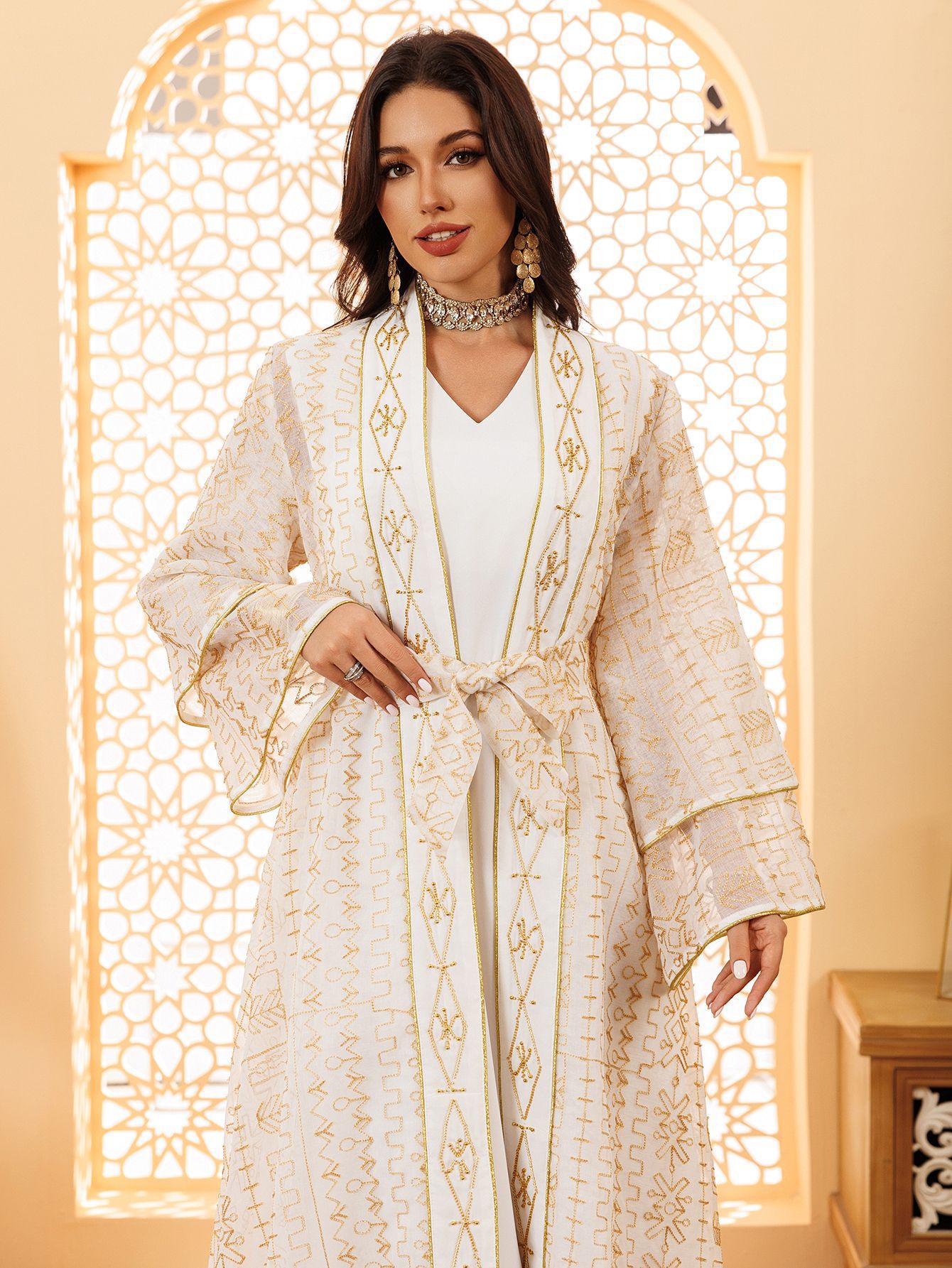 Long Robe Embroidered Mesh Abaya Dress