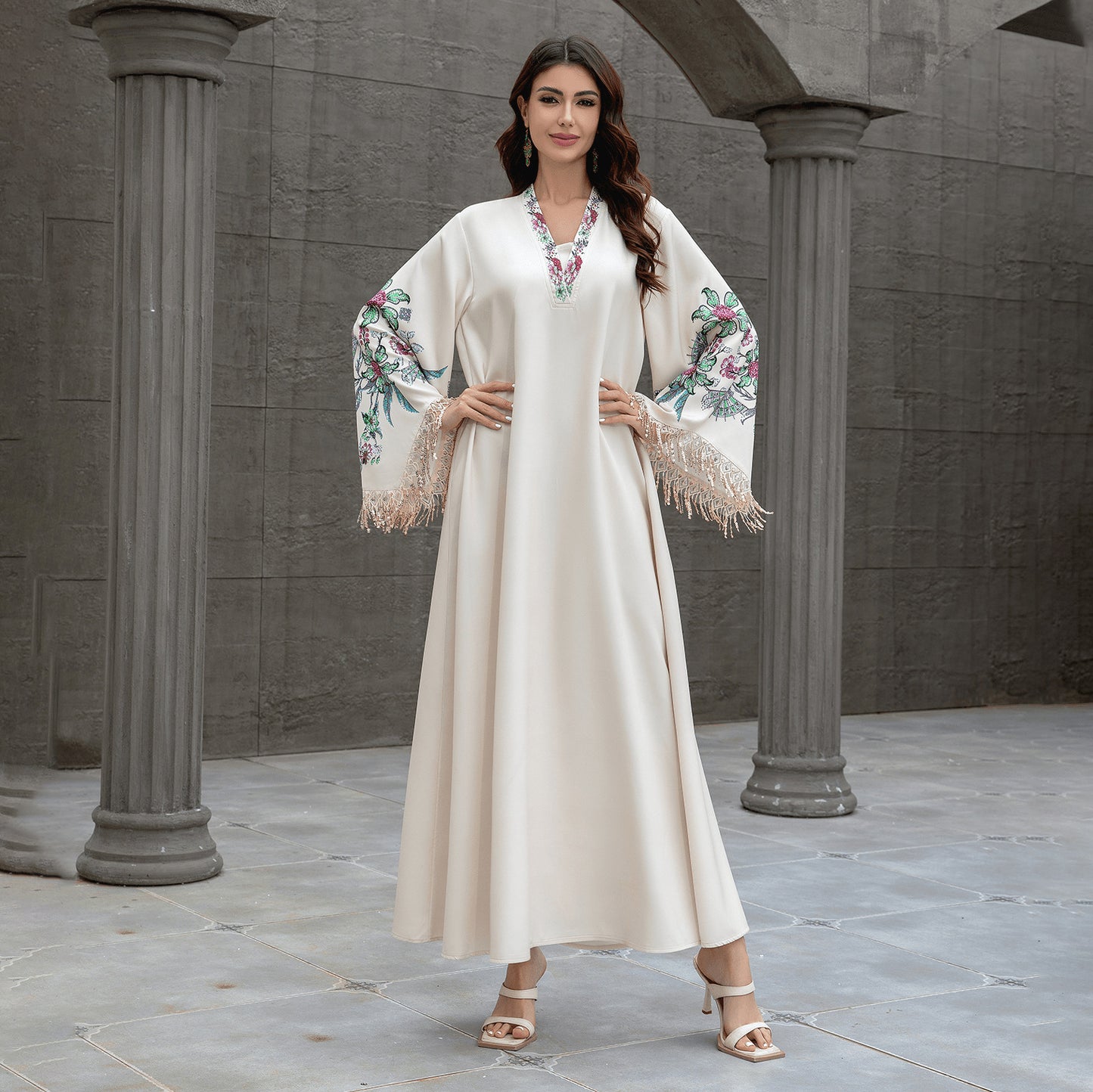 V-Neck Embroidered Tassel Arabic Abaya Dress