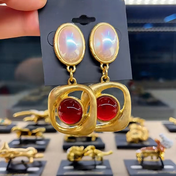 18K Gold Hand-Painted Geometric Enamel Agate Hoop Earrings